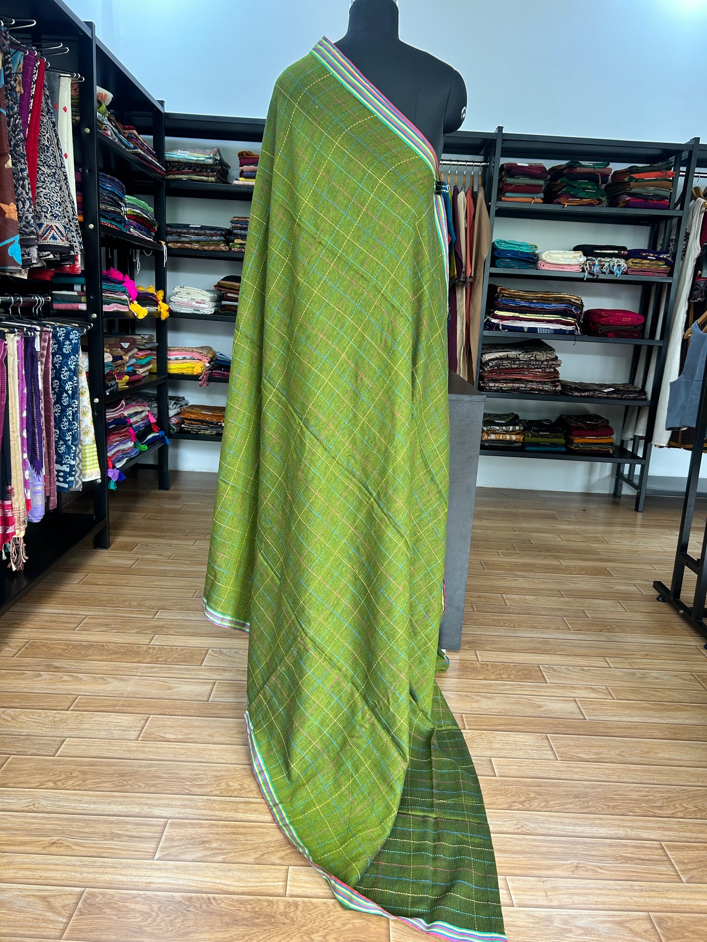 GREEN KATHA CHECKS  MUL SAREE