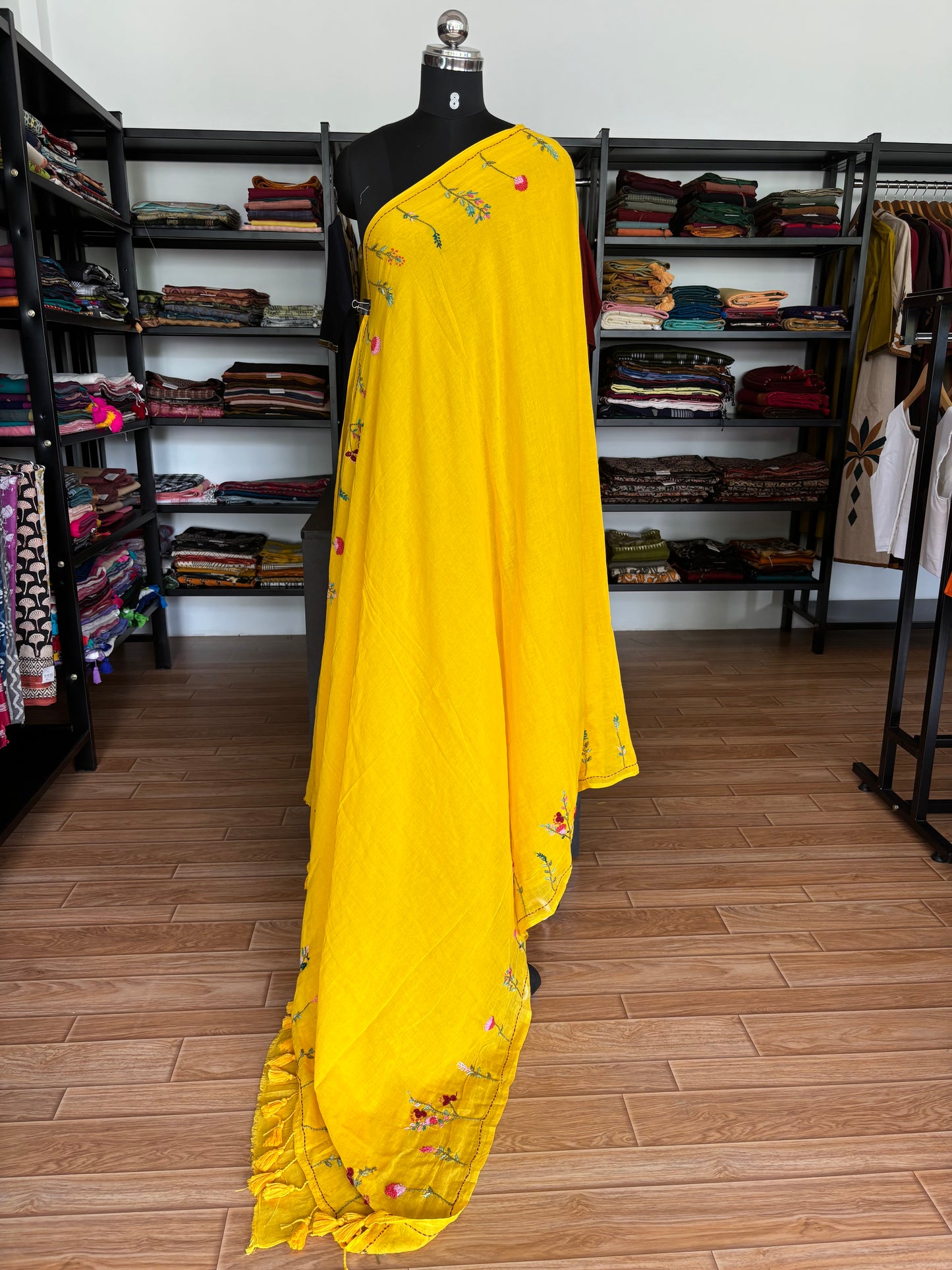 YELLOW EMBROIDERED MUL SAREE