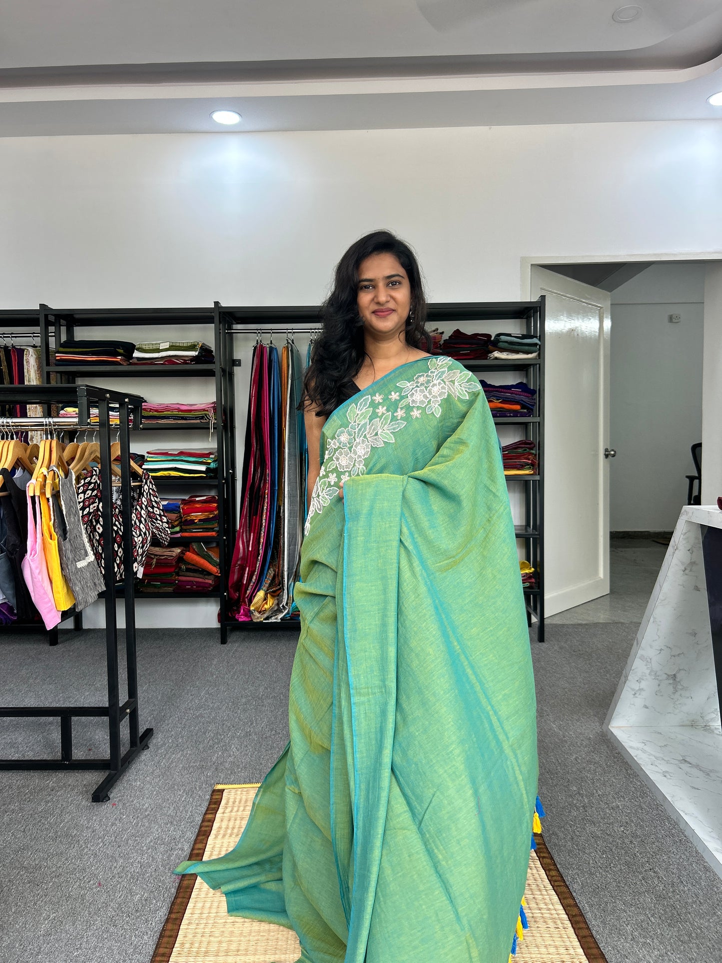 GREEN SEQUIN MUL SAREE