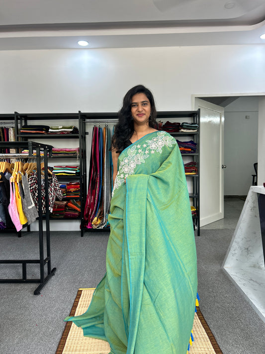 GREEN SEQUIN MUL SAREE