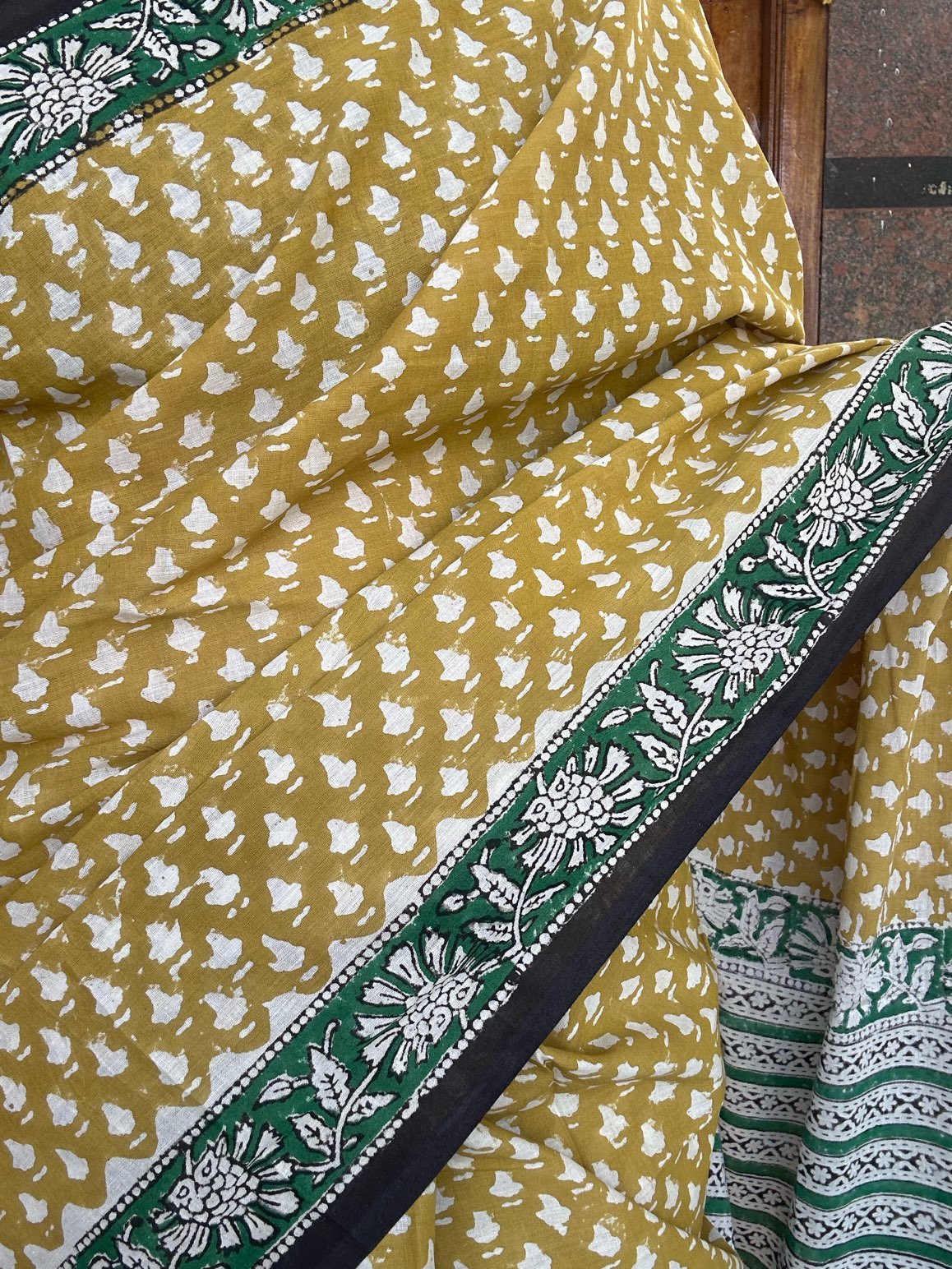 Green handblock mulmul cotton saree
