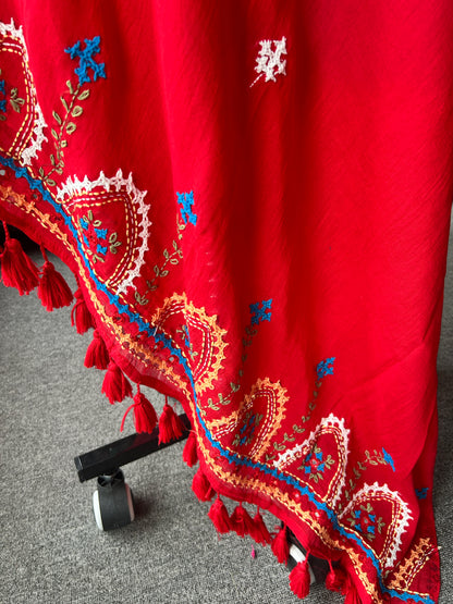 RED KATHA MUL SAREE
