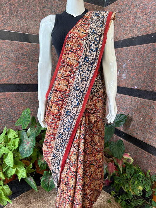 Red kalamkari mul saree