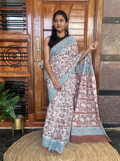 Brown handblock mulmul cotton saree