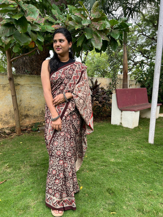 Brown kalamkari mul saree