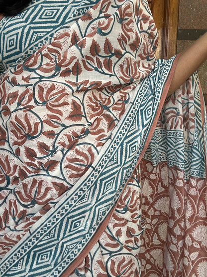 Brown handblock mulmul cotton saree