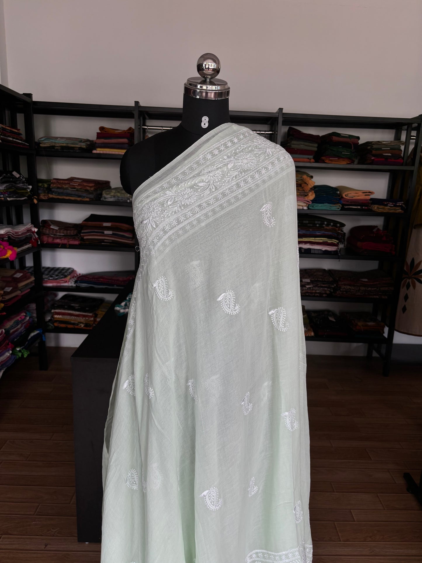 WHITE CHIKANKARI MUL SAREE