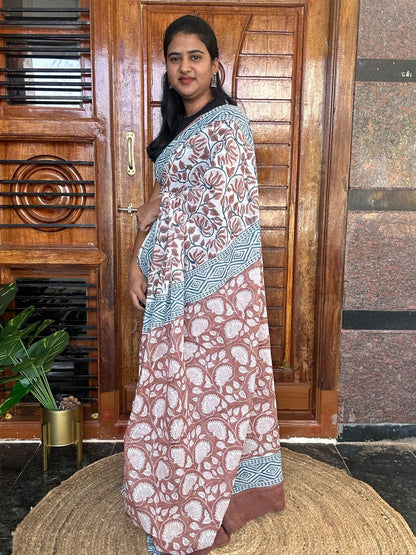 Brown handblock mulmul cotton saree