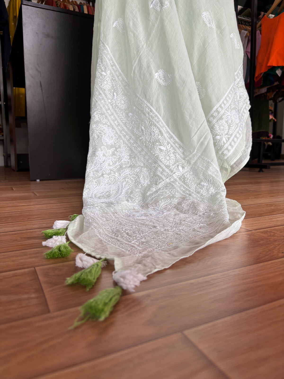 WHITE CHIKANKARI MUL SAREE