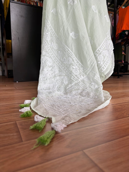 WHITE CHIKANKARI MUL SAREE