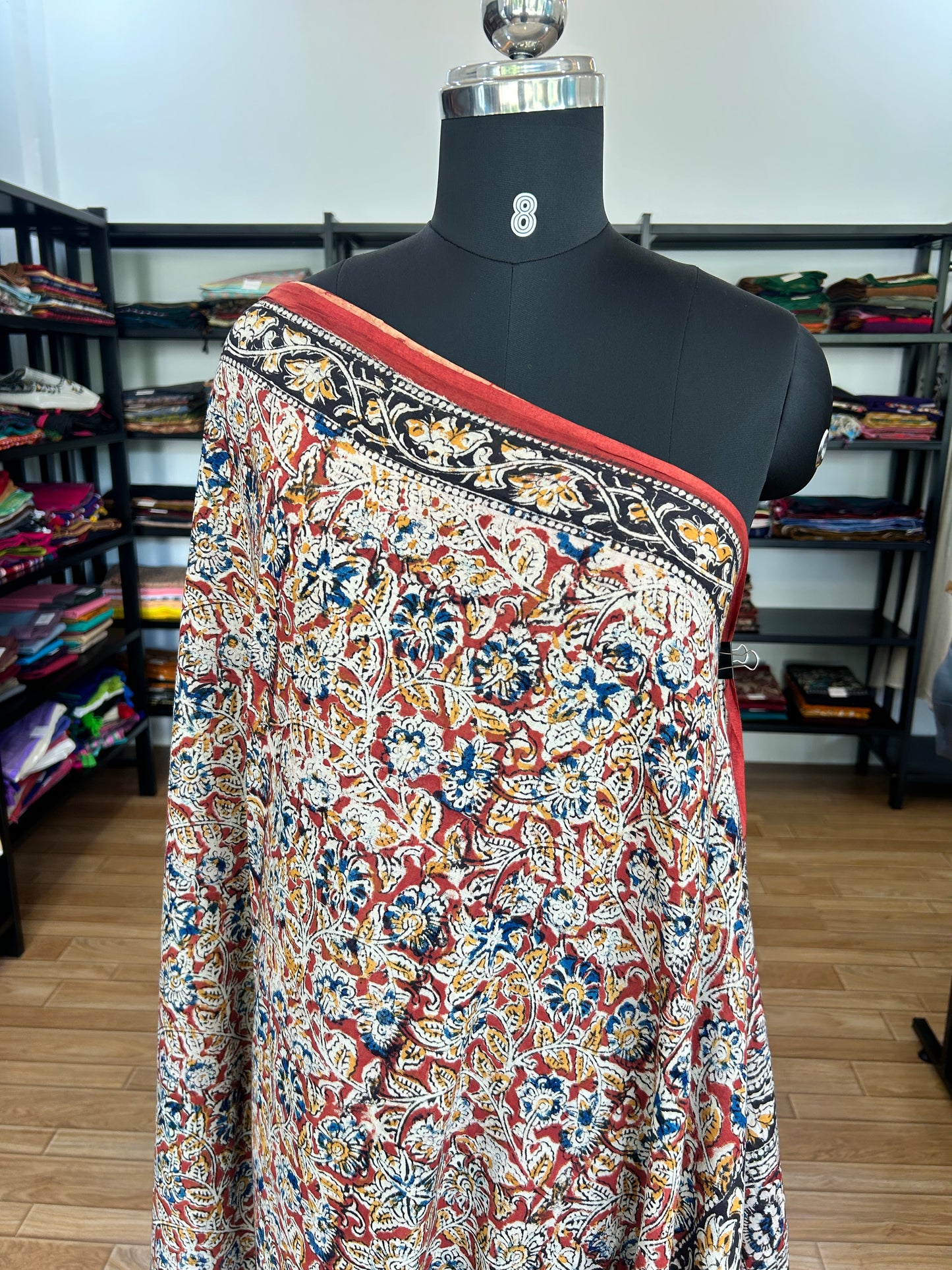 Red kalamkari mul saree