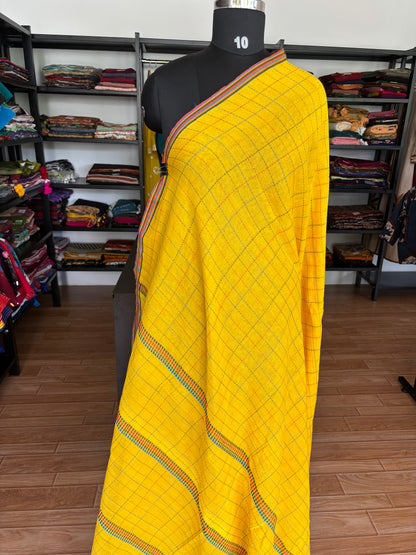YELLOW KATHA CHECKS  MUL SAREE