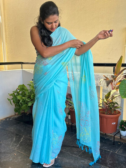 BLUE HAND EMBROIDERED MUL SAREE