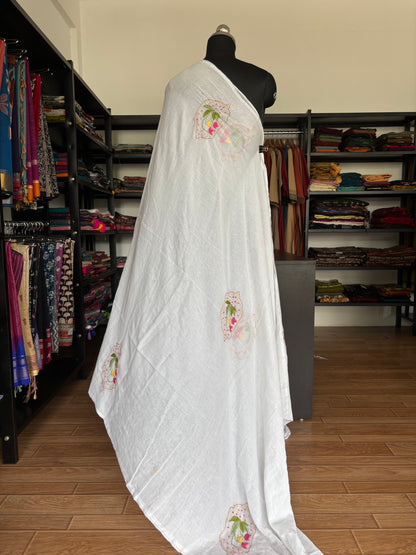 WHITE EMBROIDERED MUL SAREE