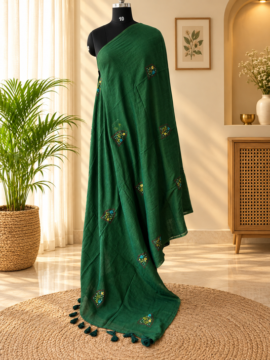 GREEN EMBROIDERED MUL SAREE