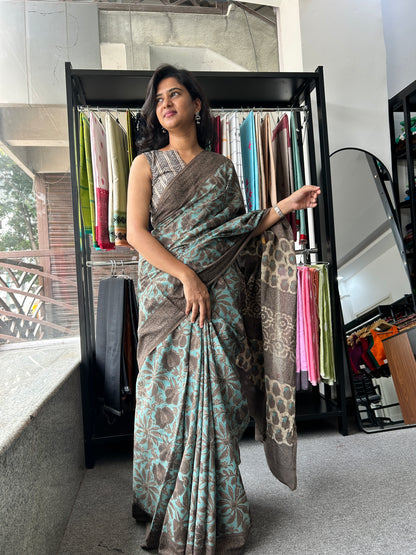 BLUE AJRAKH MUL SAREE