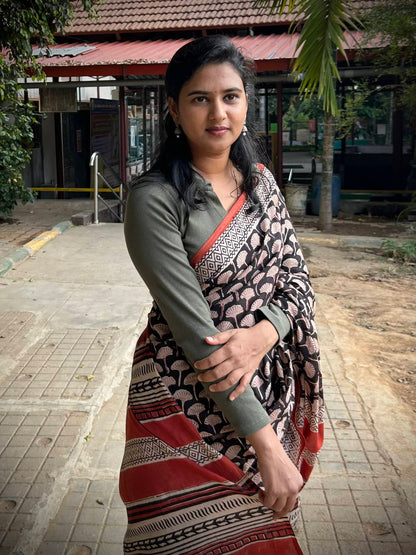 Black handblock mulmul cotton saree