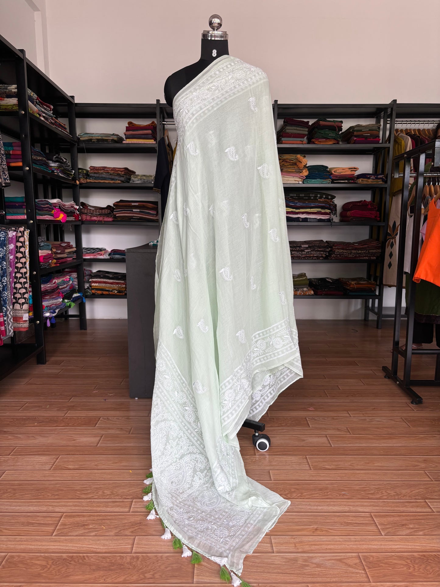 WHITE CHIKANKARI MUL SAREE