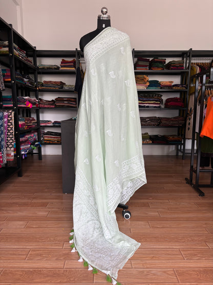 WHITE CHIKANKARI MUL SAREE