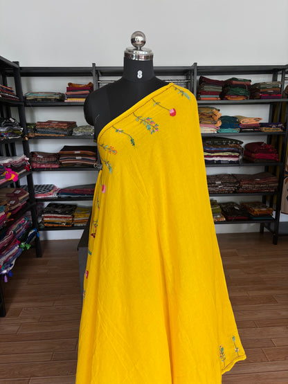 YELLOW EMBROIDERED MUL SAREE