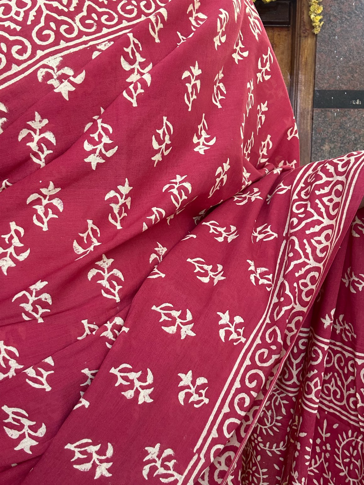 Red handblock mulmul cotton saree