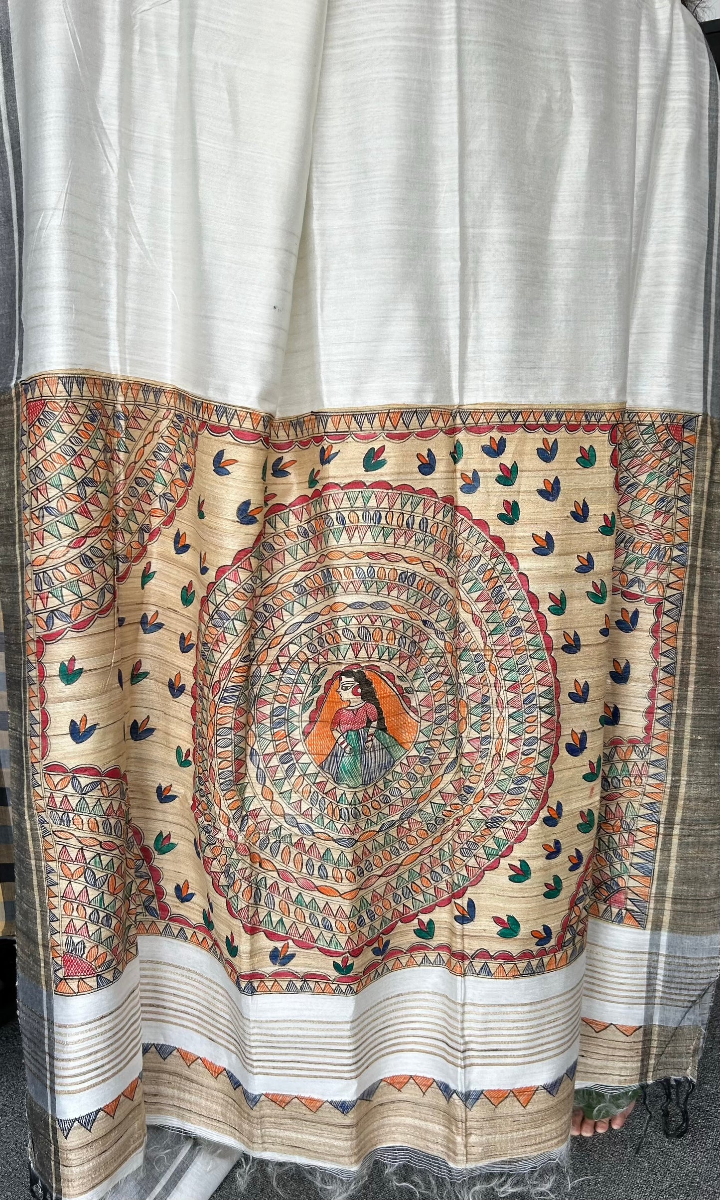 WHITE MADHUBANI SILK SAREE