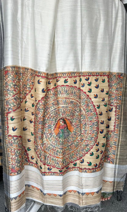 WHITE MADHUBANI SILK SAREE