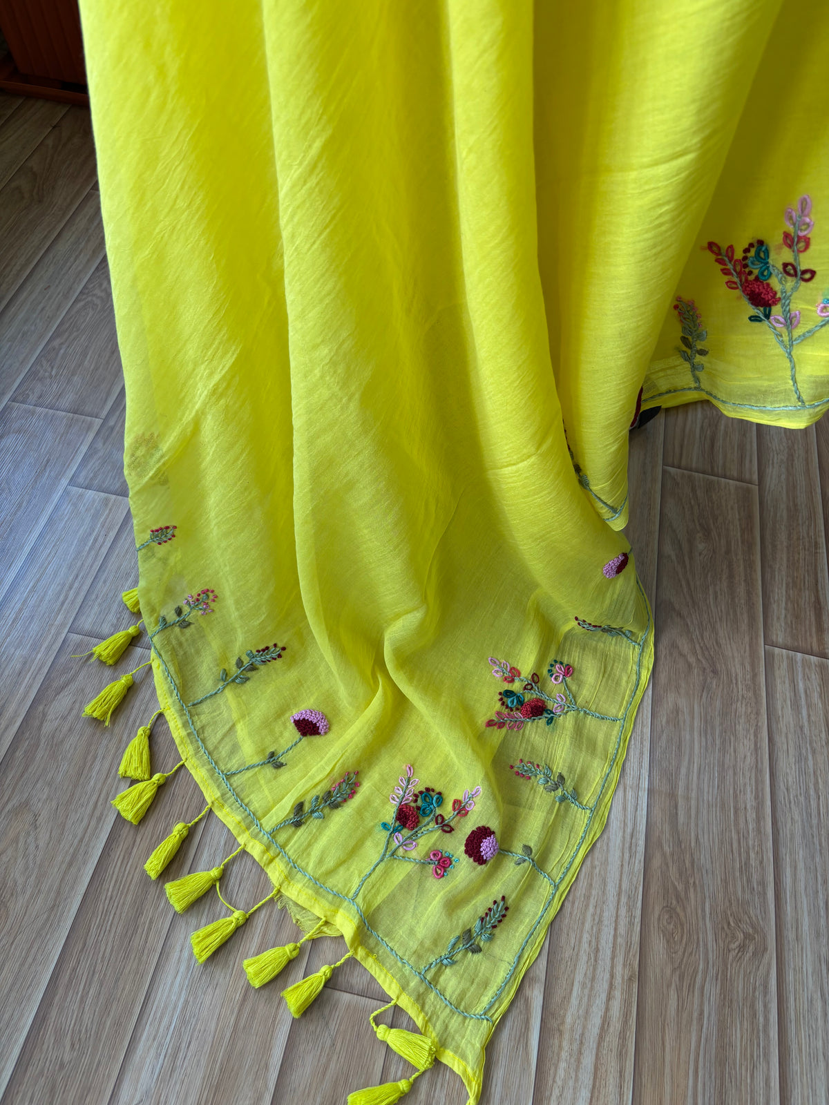 YELLOW EMBROIDERED MUL SAREE