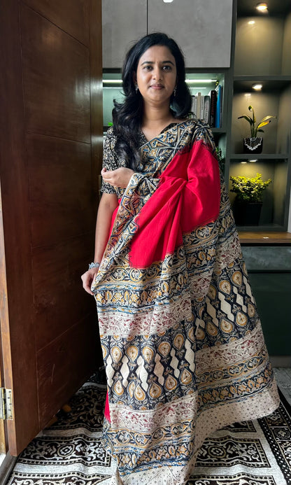 Red kalamkari mul saree