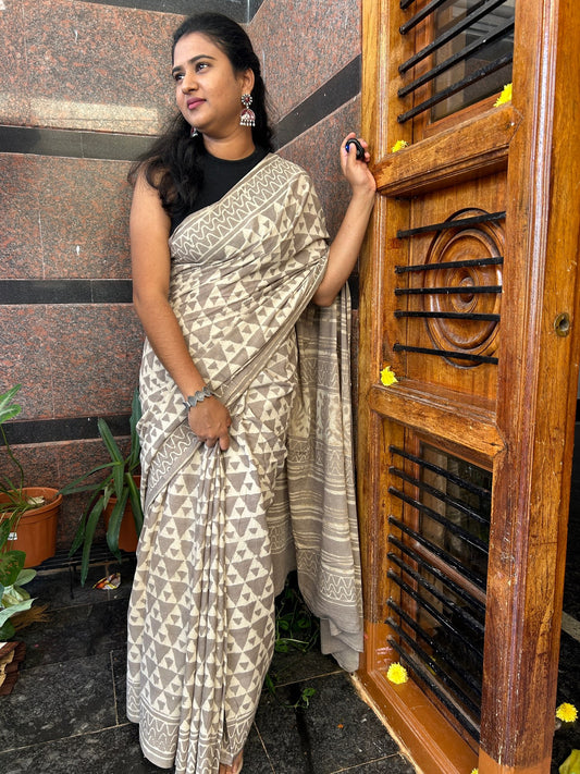 Grey handblock mul cotton saree