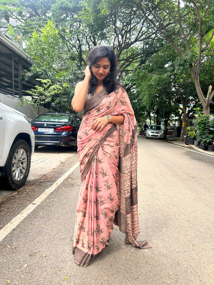 PINK AJRAKH MUL SAREE