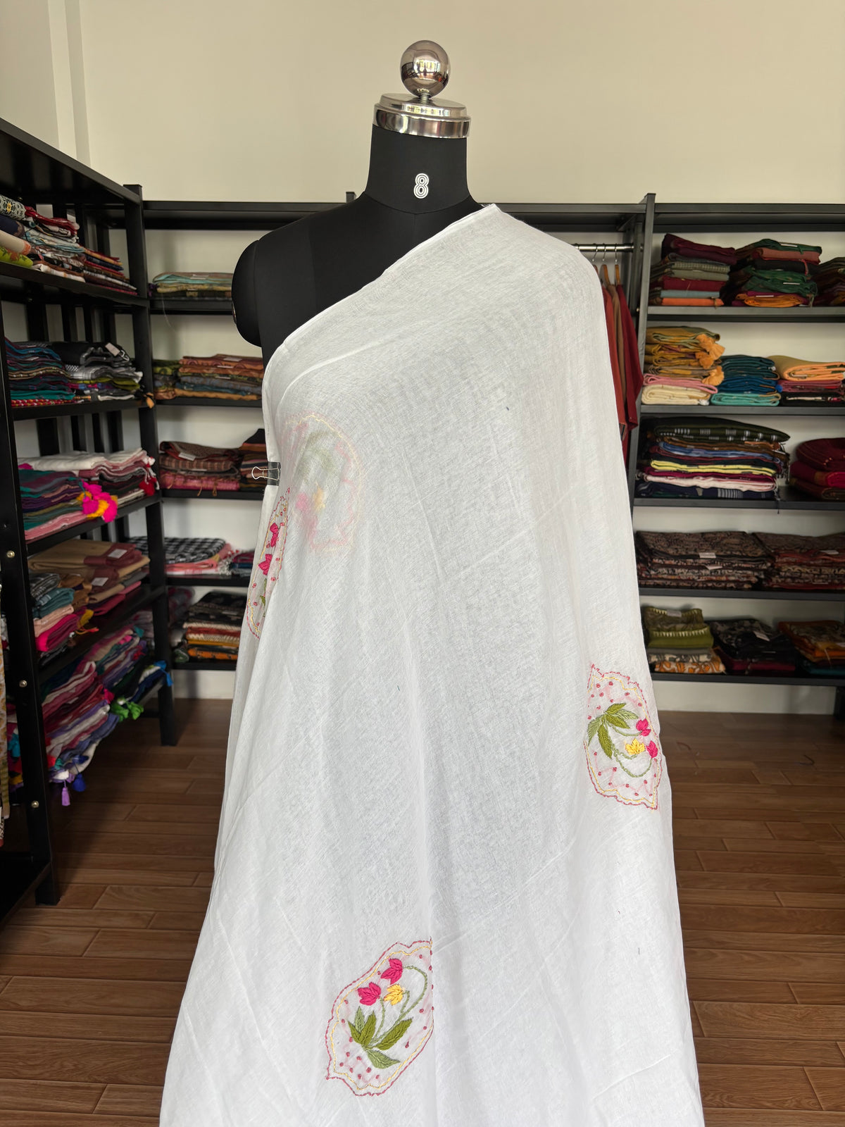 WHITE EMBROIDERED MUL SAREE