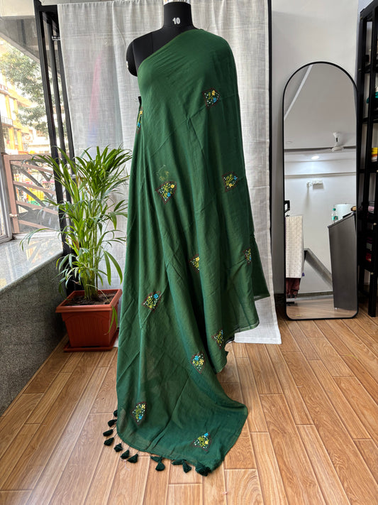 GREEN EMBROIDERED MUL SAREE