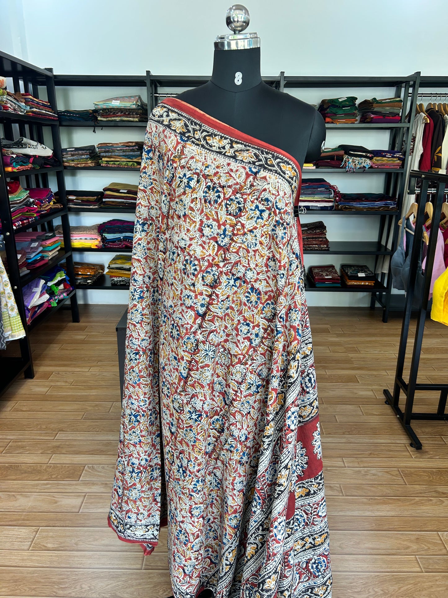 Red kalamkari mul saree
