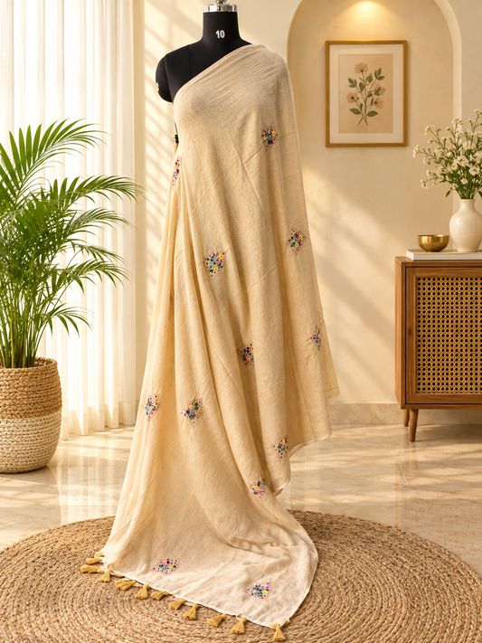 BEIGE EMBROIDERED MUL SAREE