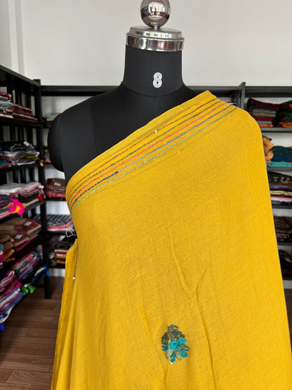 YELLOW EMBROIDERED MUL SAREE