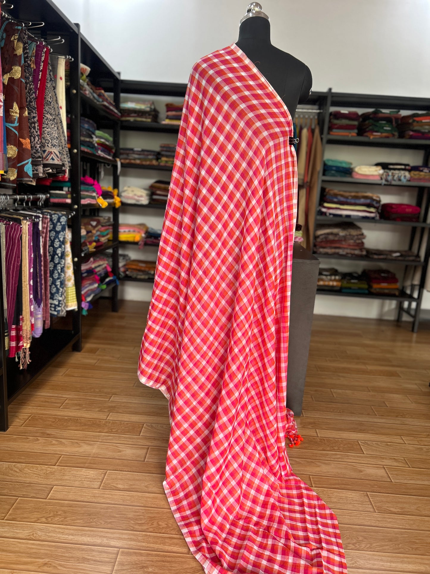 PINK CHECKS  MUL SAREE