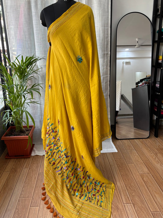 YELLOW EMBROIDERED MUL SAREE
