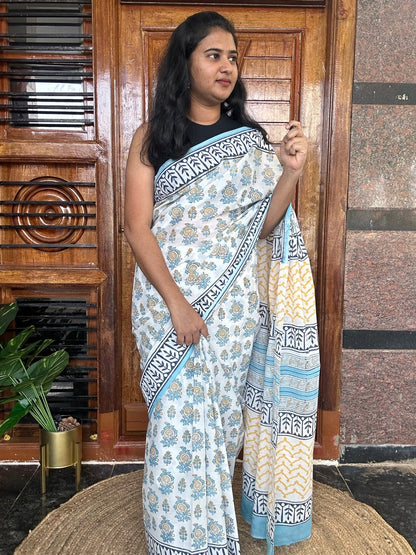 White handblock mulmul cotton saree