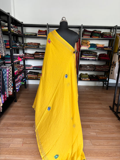 YELLOW EMBROIDERED MUL SAREE