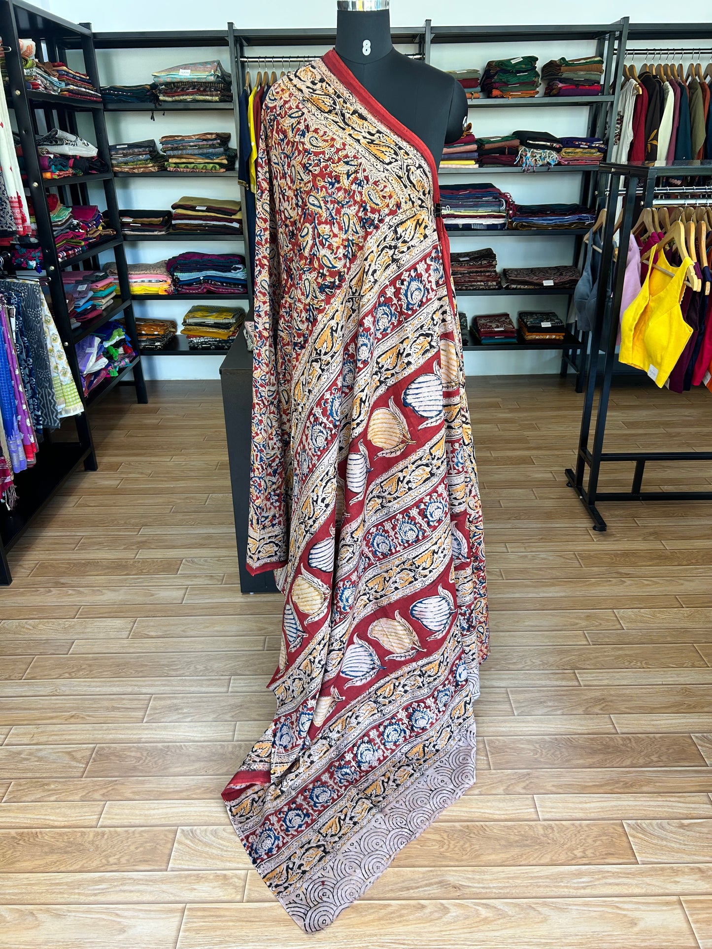 Red kalamkari mul saree