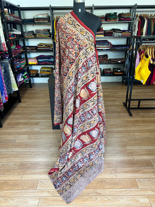 Red kalamkari mul saree