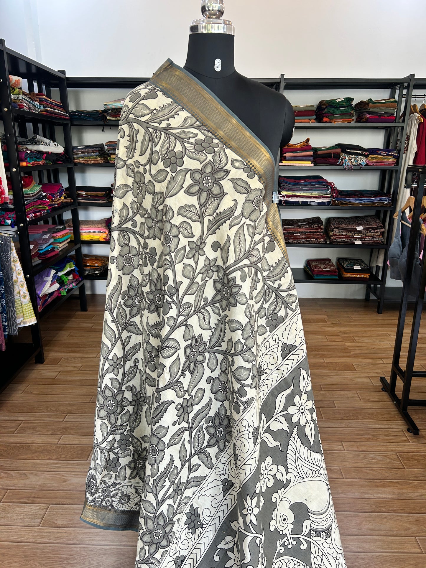 White kalamkari saree
