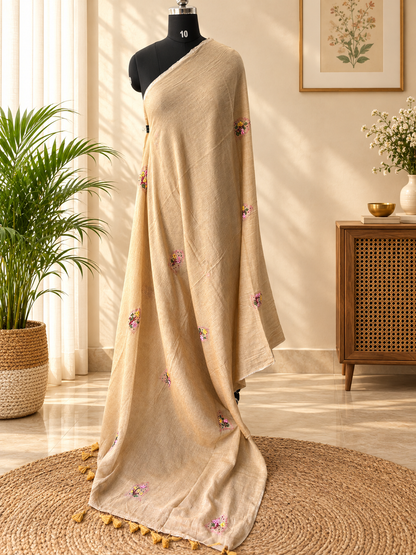 BEIGE EMBROIDERED MUL SAREE