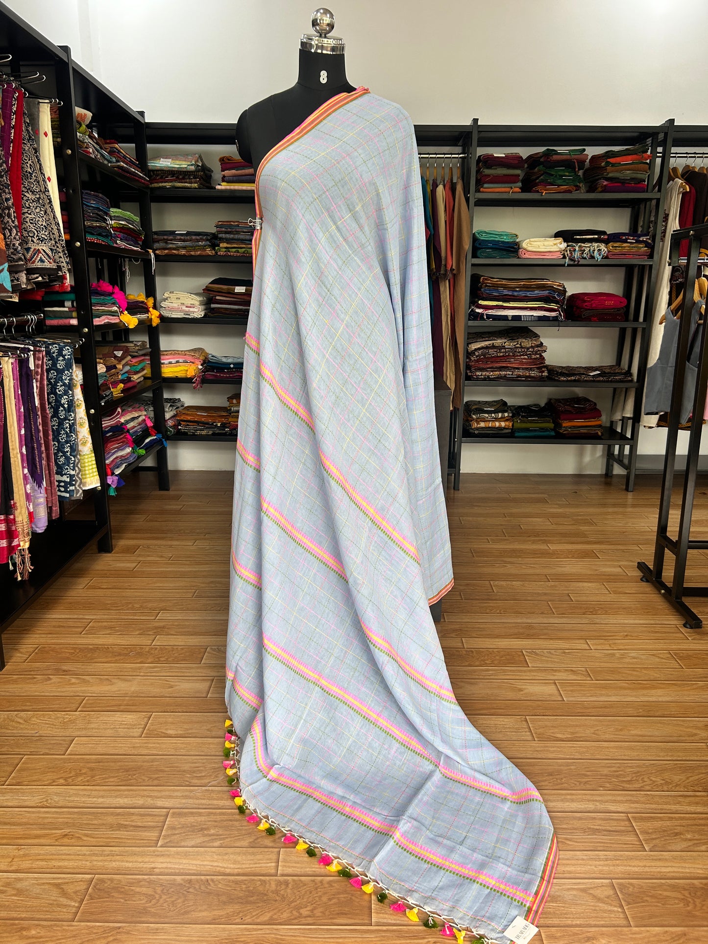 GREY KATHA CHECKS  MUL SAREE