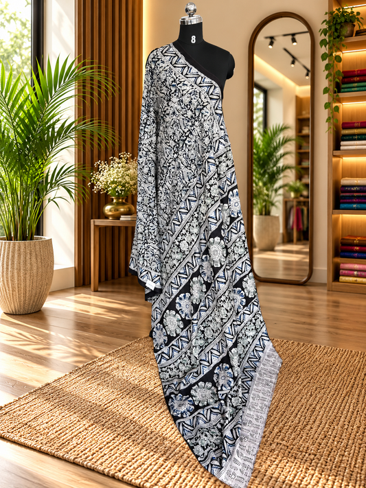 Black kalamkari mul saree