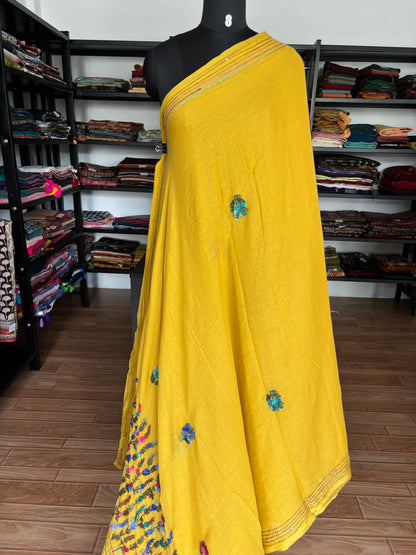 YELLOW EMBROIDERED MUL SAREE