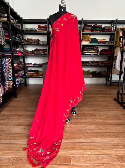 RED EMBROIDERED MUL SAREE