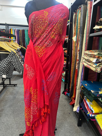 RED KATHA MUL SAREE