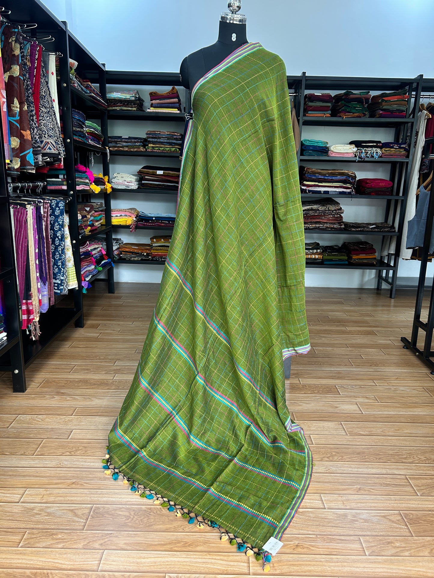 GREEN KATHA CHECKS  MUL SAREE